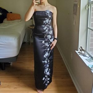 Black satin embroidered dress